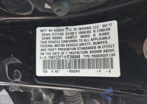 2017 Honda Civic Ex z USA, uszkodzony, nr VIN 19XFC2F71HE058946